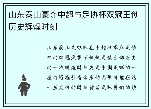 山东泰山豪夺中超与足协杯双冠王创历史辉煌时刻 山东泰山豪夺中超与足协杯双冠王创历史辉煌时刻