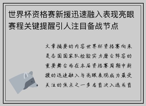 世界杯资格赛新援迅速融入表现亮眼赛程关键提醒引人注目备战节点
